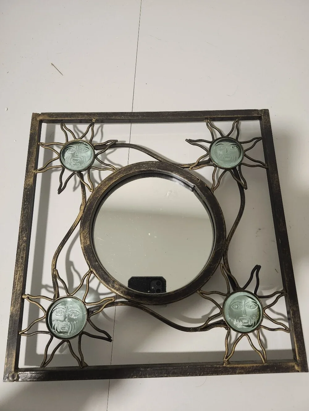 Vintage Celestial Glass Wall Mirror Sun Iron Metal Accent Whimsical Boho 90s